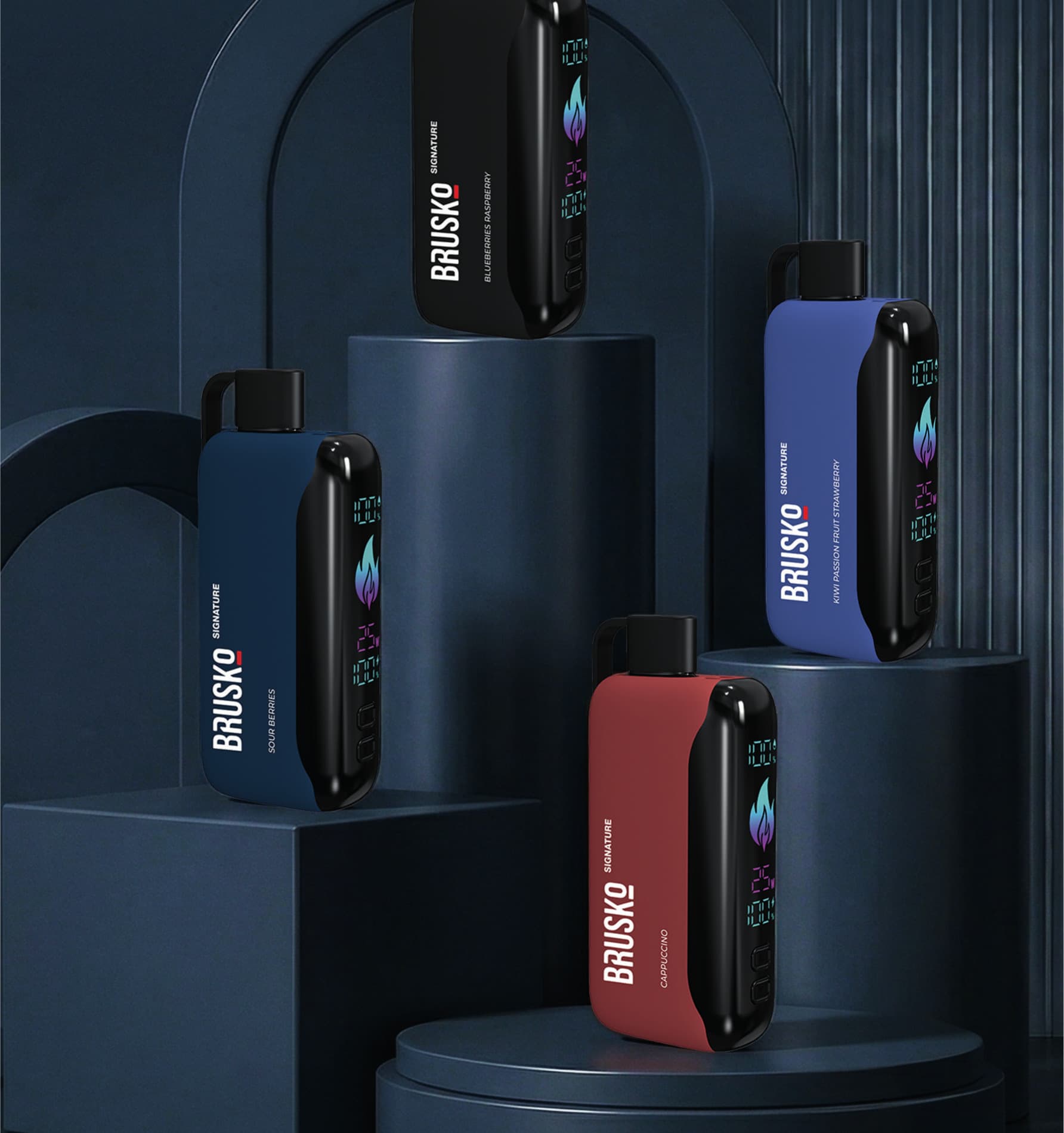 Устройства BRUSKO SIGNATURE с большими дисплеями на синих подиумах